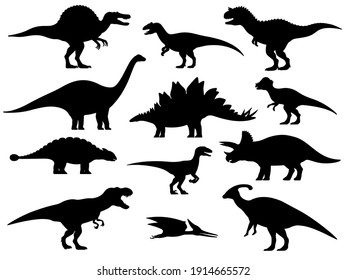 Set silhouettes of dinosaurs. Vector illustration group of black dinosaur silhouette icons isolated on white. Logo side view, profile.