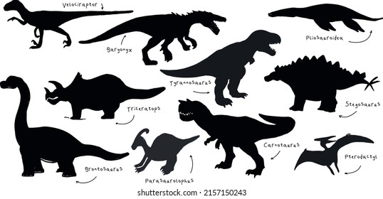 Set silhouettes of dinosaurs. Vector illustration group of black dinosaur silhouette icons isolated on white. Logo side view, profile.