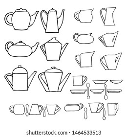 Set of silhouettes of dishes. Flat style. Dishes in a simple Scandinavian style. Hygge way of life.Simple form. Black outline drawing on white background.Kitchen set. Teapot, Cup, pitcher, spoon.