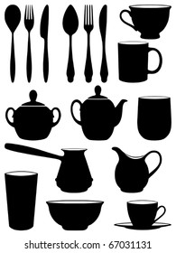 Set of silhouettes dishes. Vector illustration.