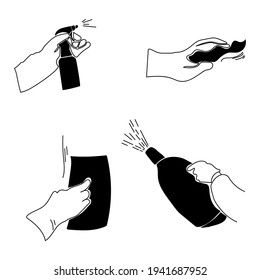 Set of silhouettes disinfection surface treatment, hand in a glove with treatment equipment or special care products vector illustration