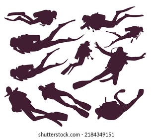 Set of silhouettes of divers floating at depth in the sea