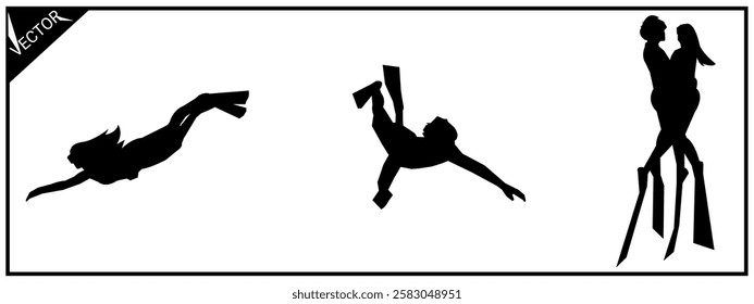 Set of silhouettes of diving, scuba diving, swimming. Vector illustration.