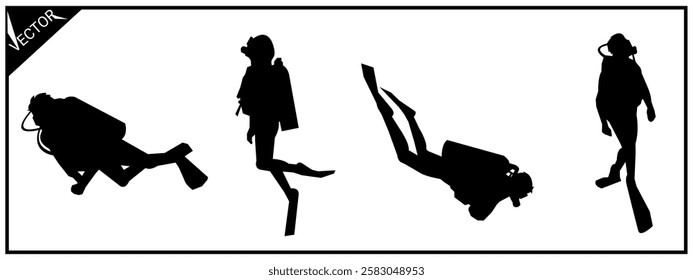 Set of silhouettes of diving, scuba diving, swimming. Vector illustration.