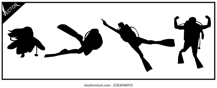 Set of silhouettes of diving, scuba diving, swimming. Vector illustration.