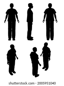 Set with silhouettes of a doctor in a protective suit and a mask in different positions isolated on a white background. Vector illustration