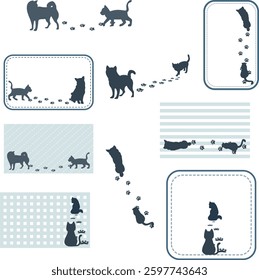 Set of silhouettes of a dog and a cat walking with footprints