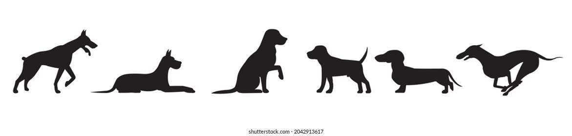 Se coloca con siluetas de un perro en diferentes posiciones aisladas en un fondo blanco. Ilustración del vector