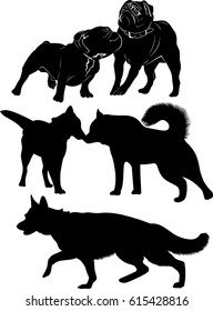 set of silhouettes of dogs pug, shepherd, bulldog, husk