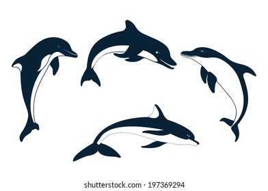 Set of silhouettes of   dolphin