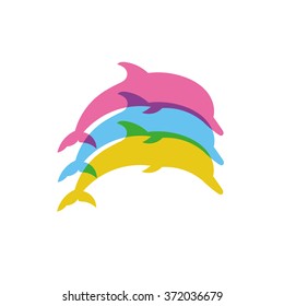 Set of silhouettes of dolphin. Vector silhouette on a white background. 