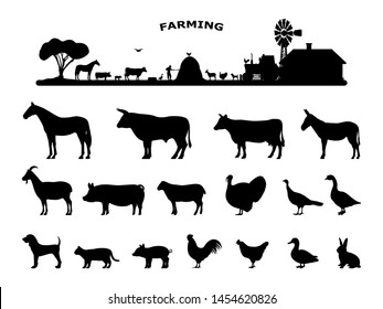 Set silhouettes domestic farm animals. Collection rural animals. Concept of farming and livestock. Vector illustration isolated on white.