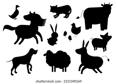 Set of silhouettes of domestic farm animals. Vector illustration livestock isolated on white, side view profile. Collection silhouette of domestic cattle. EPS
