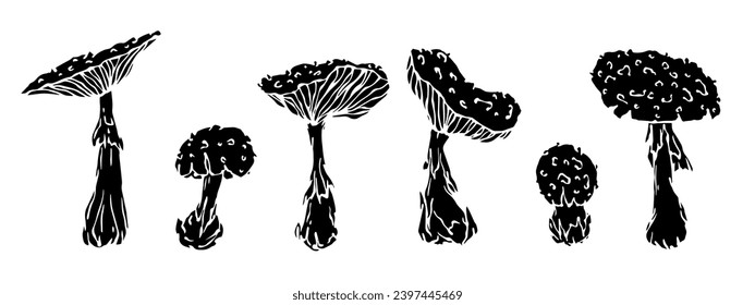 Set of silhouettes, doodles of forest fly agaric mushrooms, decorative botanical elements. Vector graphics.