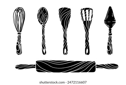 Set of silhouettes, doodles of pastry tools for baking and desserts. Vector graphics.