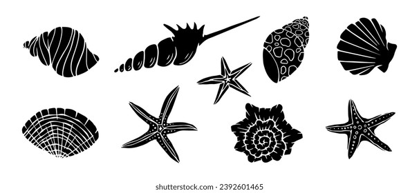 Set of silhouettes, doodles of seashells, starfish. Vector graphics.