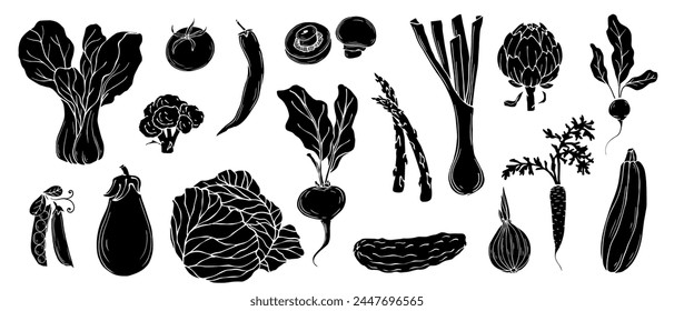 Conjunto de siluetas, garabatos de varias verduras. Vector gráfico.