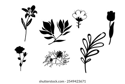 Set of silhouettes, doodles of wild herbs, flowers, branches. Vector graphics.