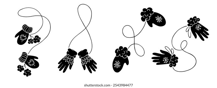 Set of silhouettes, doodles of winter clothes, accessories, fur gloves, mittens. Vector graphics.