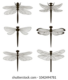 Set of silhouettes of dragonflies