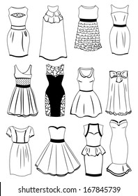 Set of silhouettes of dresses for cocktails isolated on white background