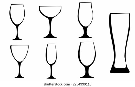  set of silhouettes of drinking utensils on white background