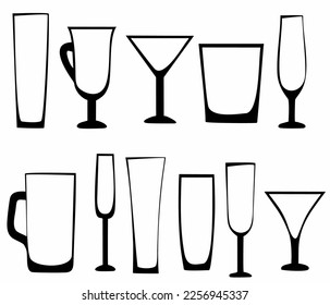 set of silhouettes of drinking utensils on white background
