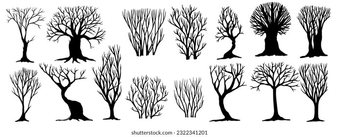 Set of silhouettes of dry trees, bushes. Vector graphics.