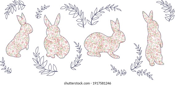 Conjunto de siluetas de conejitos de Pascua llenos de burbujas. Arte de línea. Grupo de iconos. Ilustración del vector