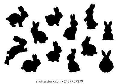 Set of silhouettes Easter bunny rabbits. Collection of rabbit shapes varied poses - jumping, sitting, running, hopping. Black and white vector illustration cute bunnies isolated.