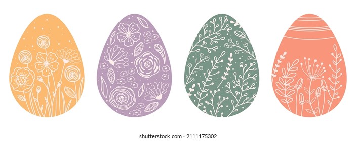 Set silhouettes Easter eggs with spring flowers, leafs and branch. Illustration colorful and minimalistic Easter eggs. Vector