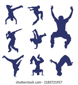 Set of silhouettes of eight dancing guys