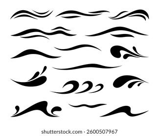 A set of silhouettes of elegant decorative design elements, calligraphy, sea waves, swirls, vector illustration. Wavy abstract graphic shapes, lines, dividers, flat design, hand-drawn