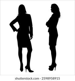 Set, silhouettes of elegant women in office clothes in different poses on a white background