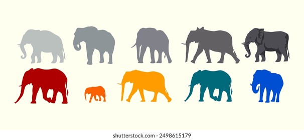 Conjunto de siluetas de elefante icono de animales salvajes elemento de Ilustración vectorial. Aislado sobre fondo blanco.