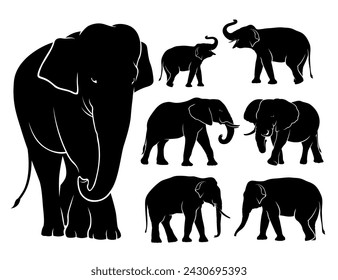 Set of silhouettes of elephants. A family of elephants. Vector isolated illustration on white background