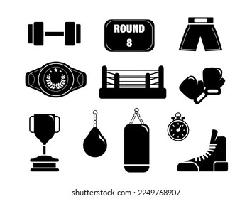Conjunto de siluetas y boxers de equipamiento. Ilustración vectorial del anillo, guantes de boxeo, pantalones cortos, zapatillas, cinturón de campeonato, taza, marcador con rondas, bolsas de punzonaje, campanas de pata sobre fondo blanco.