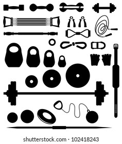 Set of silhouettes of the equipment for weightlifting