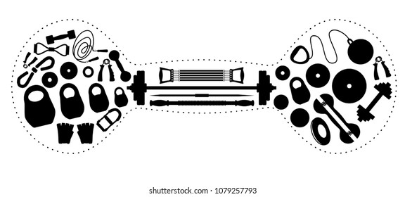 Set of silhouettes of the equipment for weightlifting in the form of a dumbbell