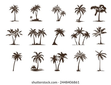 Set of silhouettes of exotic palm trees