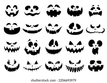 Un conjunto de siluetas de rostros para Halloween. Miedo, diversión, sonríe por calabazas y fantasmas. Ilustración del vector