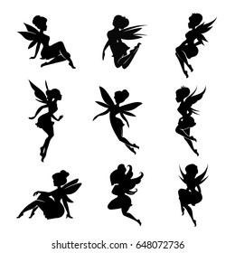 Set of silhouettes of fairies isolated on white background. Magical fairies in the cartoon style. Vector illustration.