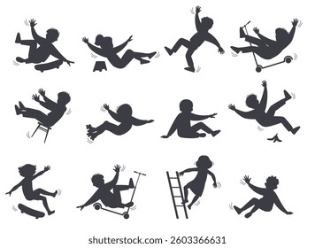 Set silhouettes of falling children. Boys and girls unbalanced, traumatic dangerous situation, injured kids, accident on road. Riding on skateboard and bicycle. Isolated vector set
