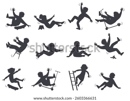 Set silhouettes of falling children. Boys and girls unbalanced, traumatic dangerous situation, injured kids, accident on road. Riding on skateboard and bicycle. Isolated vector set