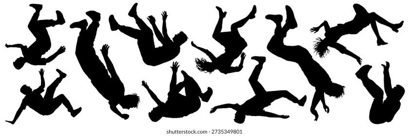 Un conjunto de siluetas de personas que caen que representan el rápido descenso de una persona. Siluetas de hombre cayendo o descendiendo sobre un fondo blanco. Ilustración vectorial