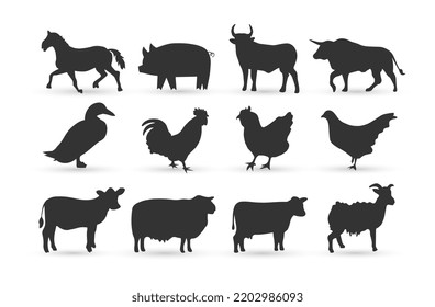 set of silhouettes of farm animals, chicken, cow, goat, buffalo, horse, pig and duck, vector illustration