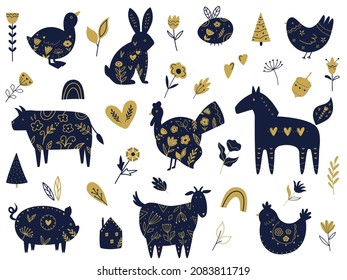 Conjunto de siluetas de animales de granja con decoración floral en su interior. Ilustración vectorial de caracteres silvestres en un estilo plano e ingenuo