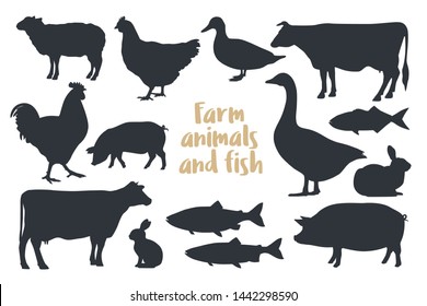 Set of silhouettes farm animals Isolated on light background. Image for meat stores, market, packaging and advertising. Vector illustration.