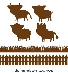 set of silhouettes of farm animals, wooden fence and grass