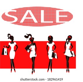 Set of silhouettes of fashionable girls on a white background / Red dresses